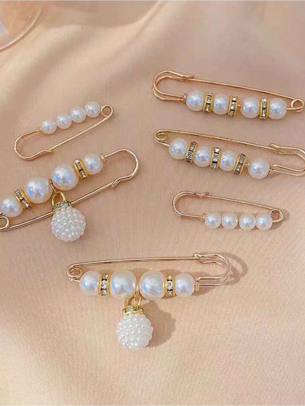 Gold-Tone Safety Pin Clips Set White & Black Beads clothing brooch designer - Picture 4 of 4